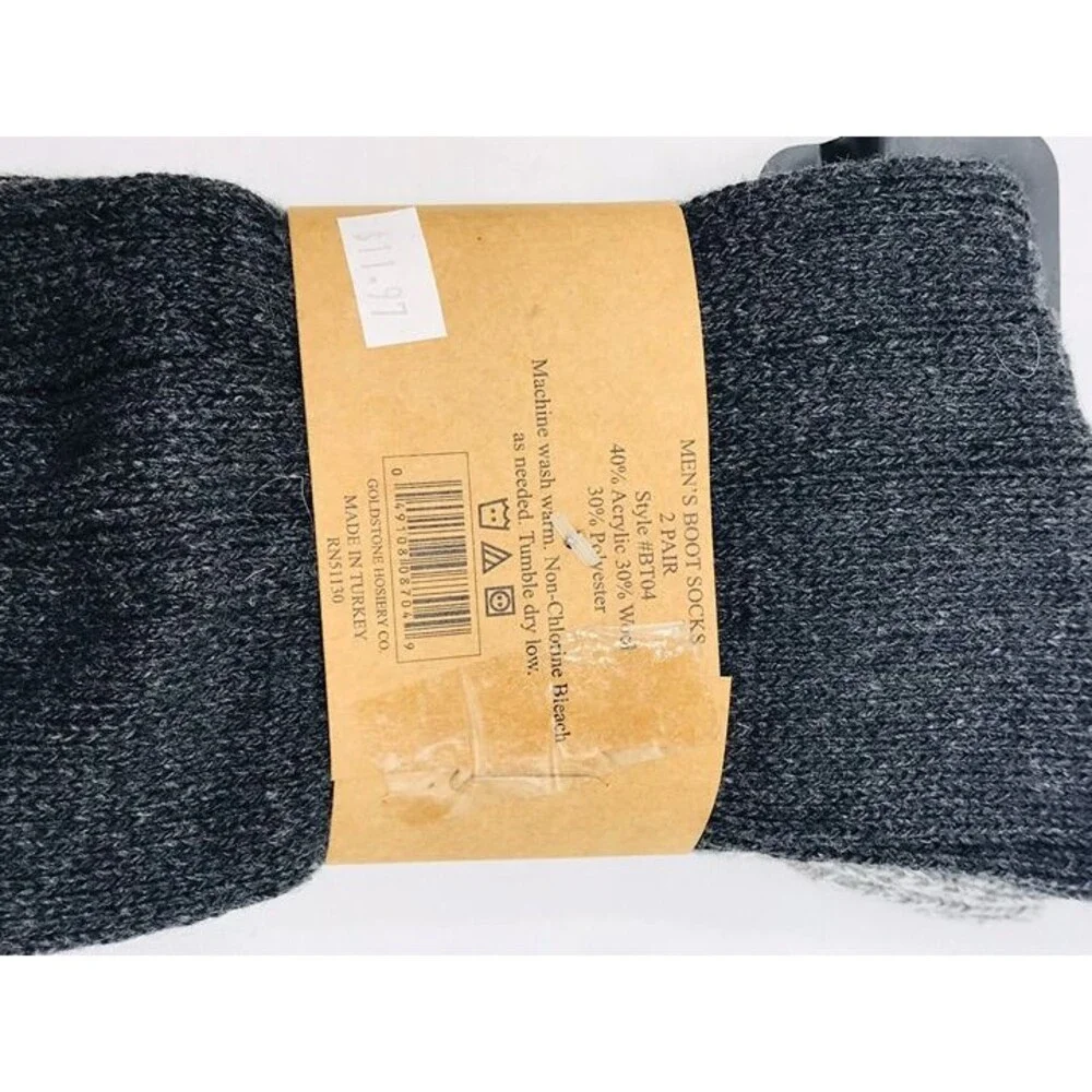 2 Pack Mens Boot Socks James Fiallo Wool Blend Black and Gray Winter, Classic